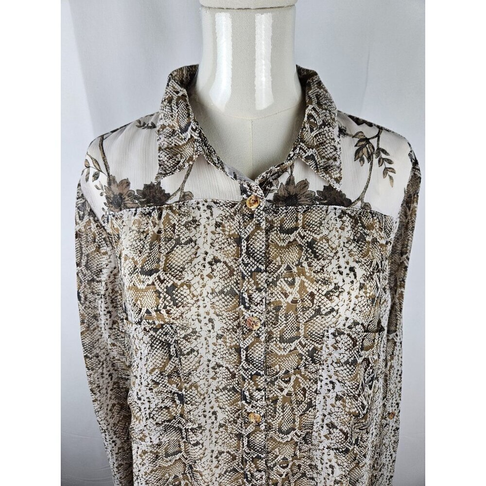 Figueroa & Flower Size XL Button Snakeskin Floral Tan Semi Sheer Blouse Western